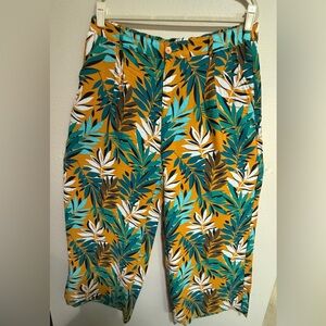 Liz Claiborne Sz 16 Leaf Patterned Pants - Teal and Mustard,Pockets,Lagenlook